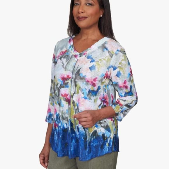 Alfred Dunner Women's Abstract Border Garden Print‎ Top Size Large - Picture 1 of 12